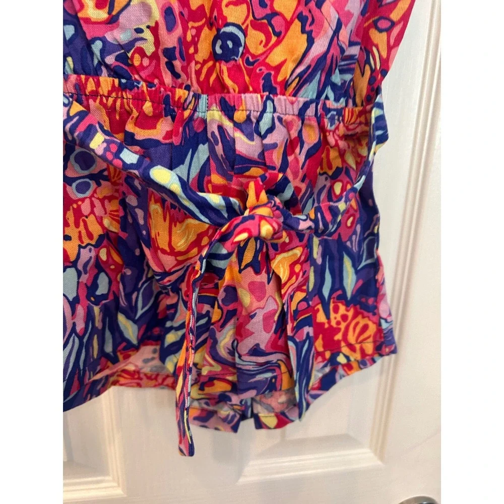 Vince Camuto Romper Multi-Color Abstract Floral Ruffle Smocked Tie Waist Kids 3T
